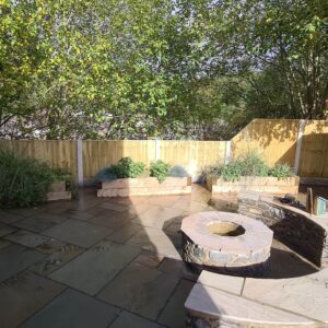 Stone Patio with Fire Pit 2 - Welshpool - RDE Services