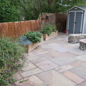 Stone Patio with Fire Pit 4 - Welshpool - RDE Services